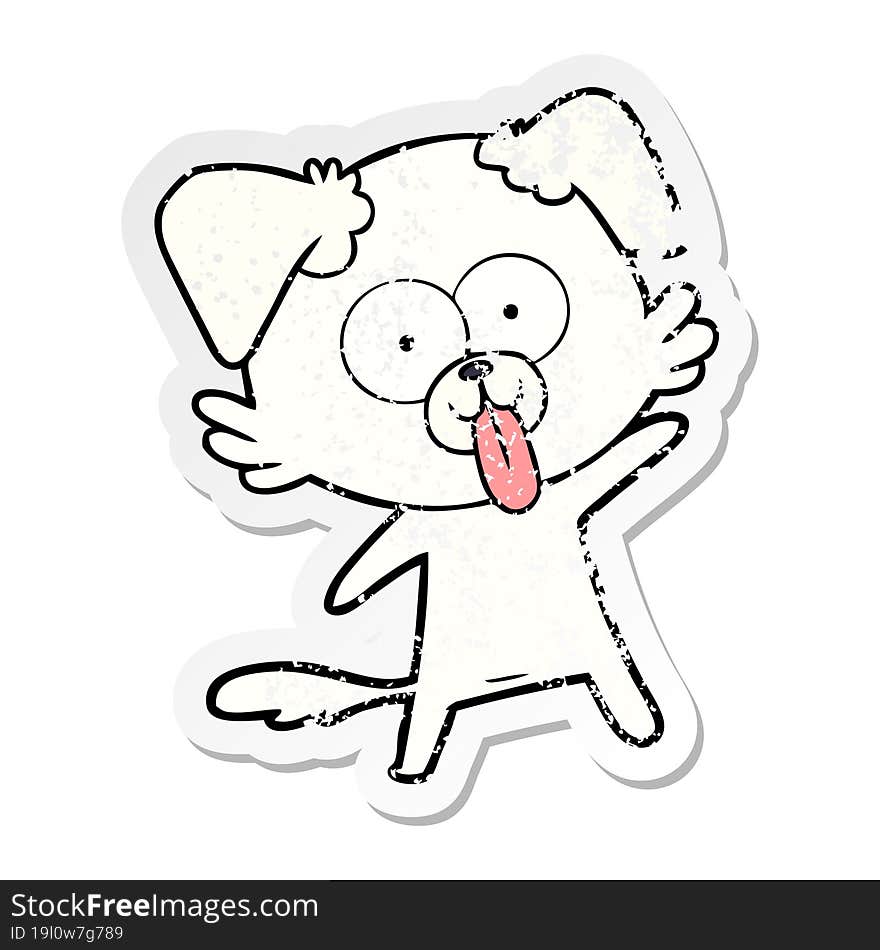 distressed sticker of a cartoon dog with tongue sticking out