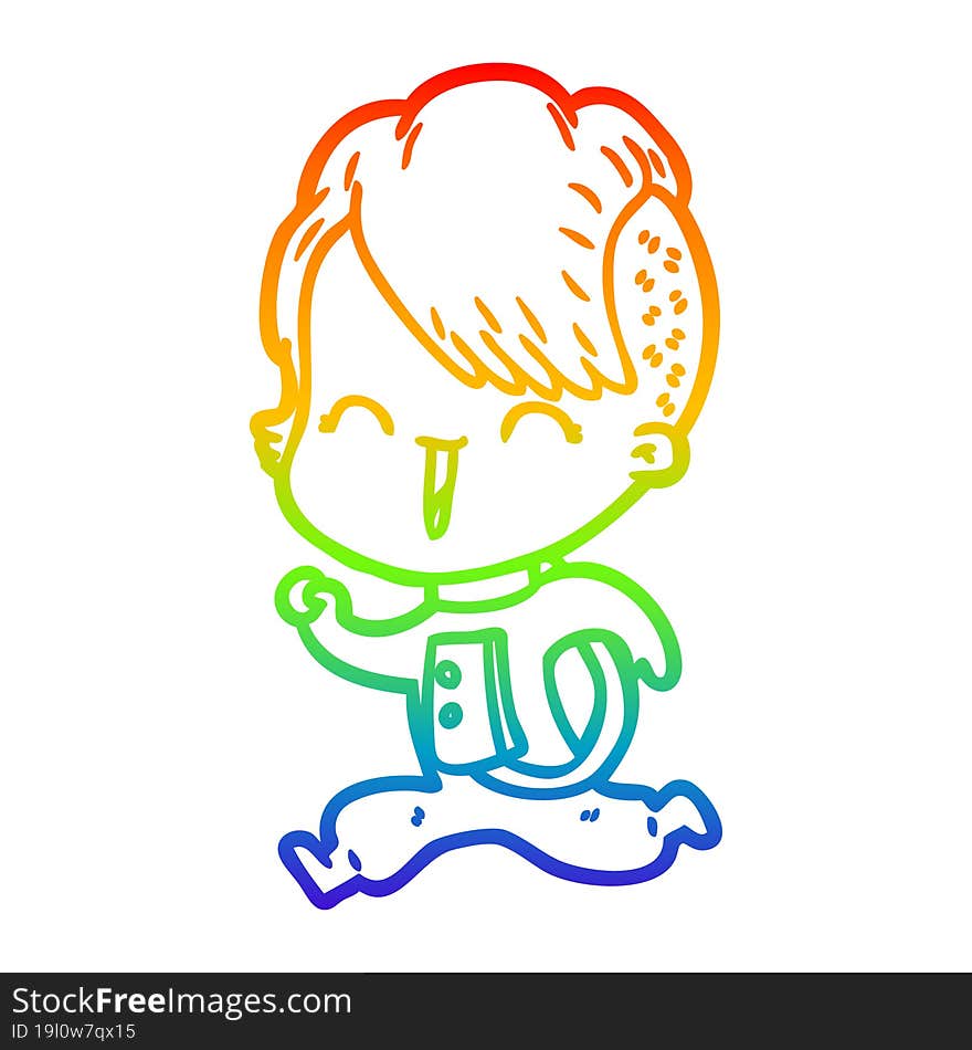 rainbow gradient line drawing cartoon happy hipster girl wearing space suit