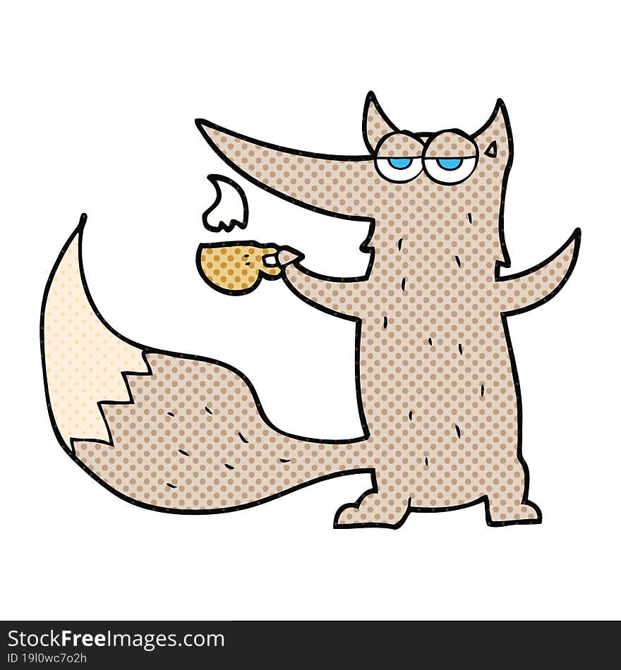 cartoon wolf with coffee cup