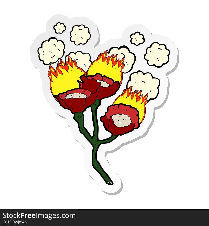 sticker of a cartoon burning flowers