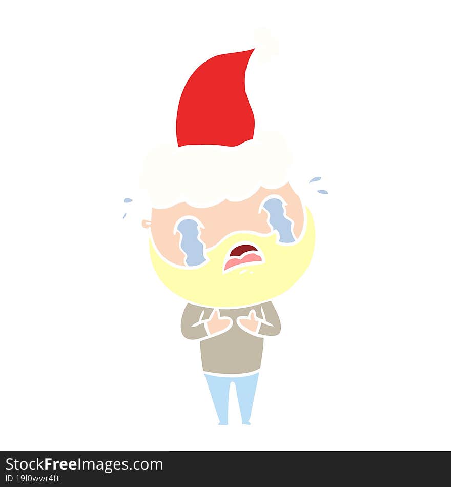 flat color illustration of a bearded man crying wearing santa hat