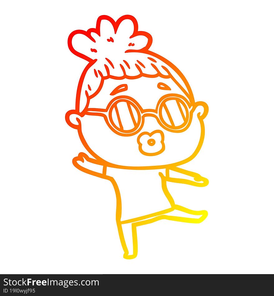 warm gradient line drawing of a cartoon woman dancing wearing spectacles