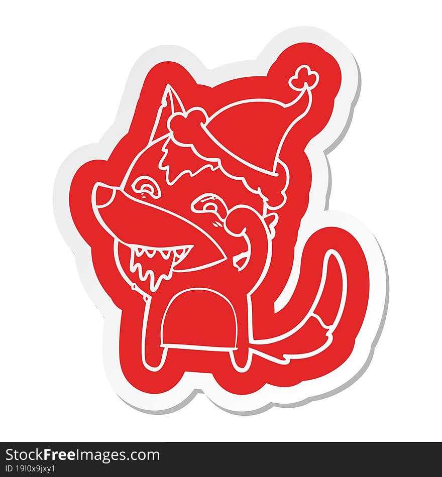 cartoon  sticker of a hungry wolf wearing santa hat