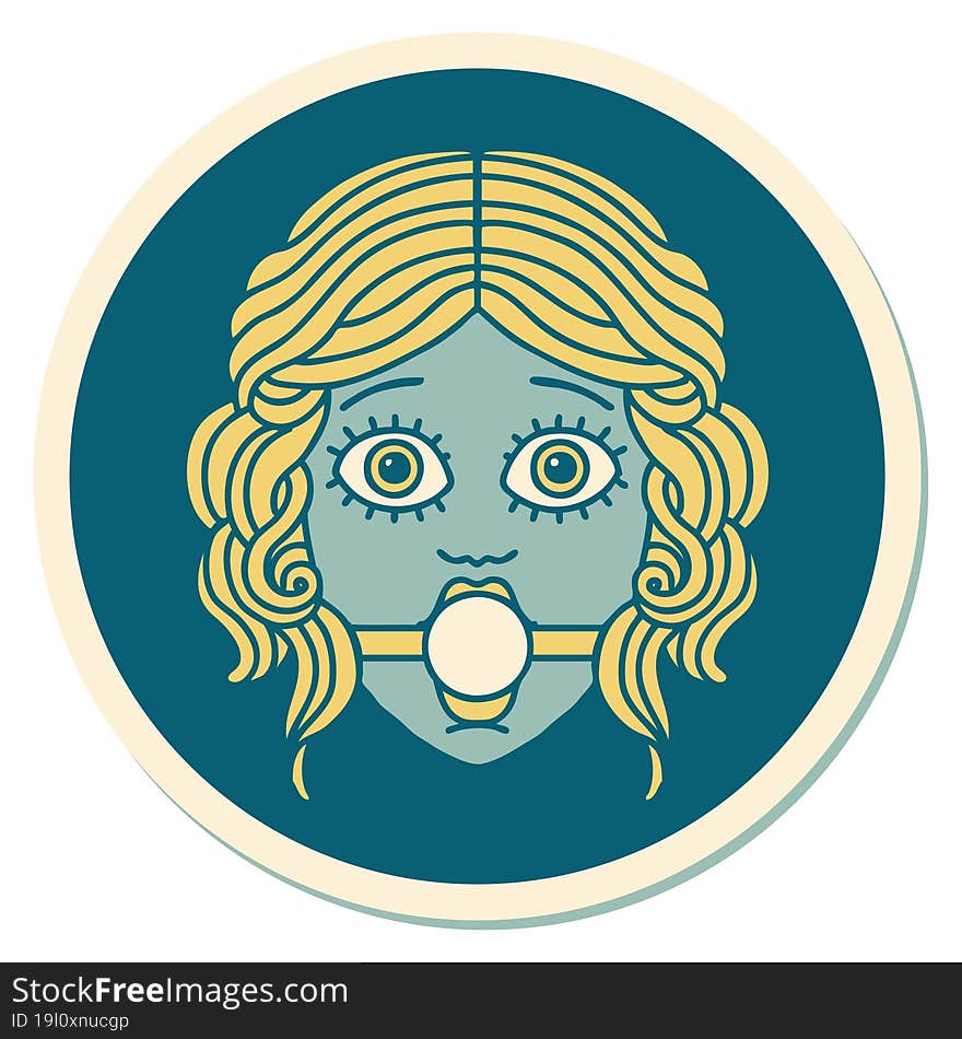 tattoo style sticker of female face with ball gag