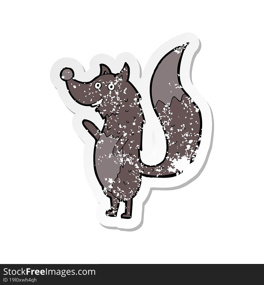 retro distressed sticker of a cartoon waving wolf