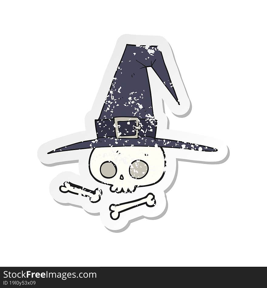 retro distressed sticker of a cartoon witch hat with skull