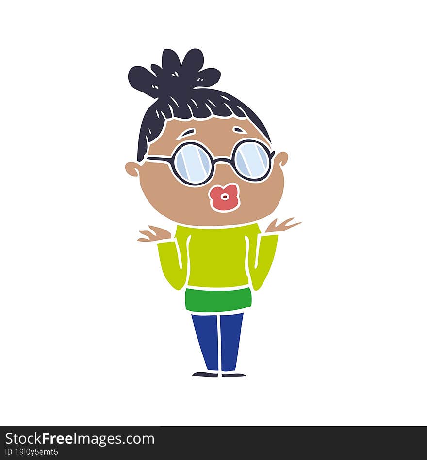 flat color style cartoon confused woman wearing spectacles