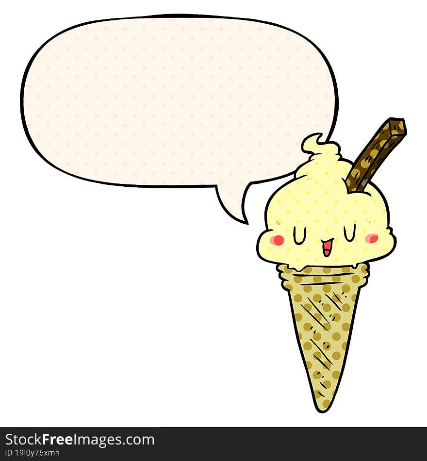 cute cartoon ice cream and speech bubble in comic book style