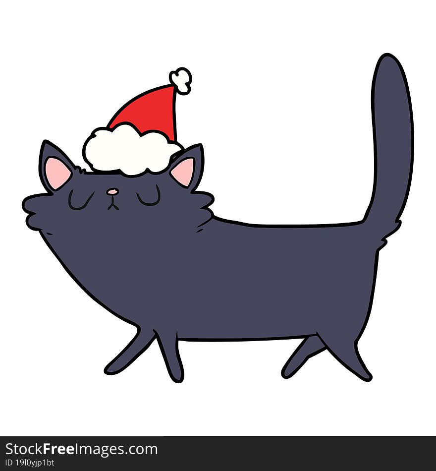 hand drawn line drawing of a black cat wearing santa hat