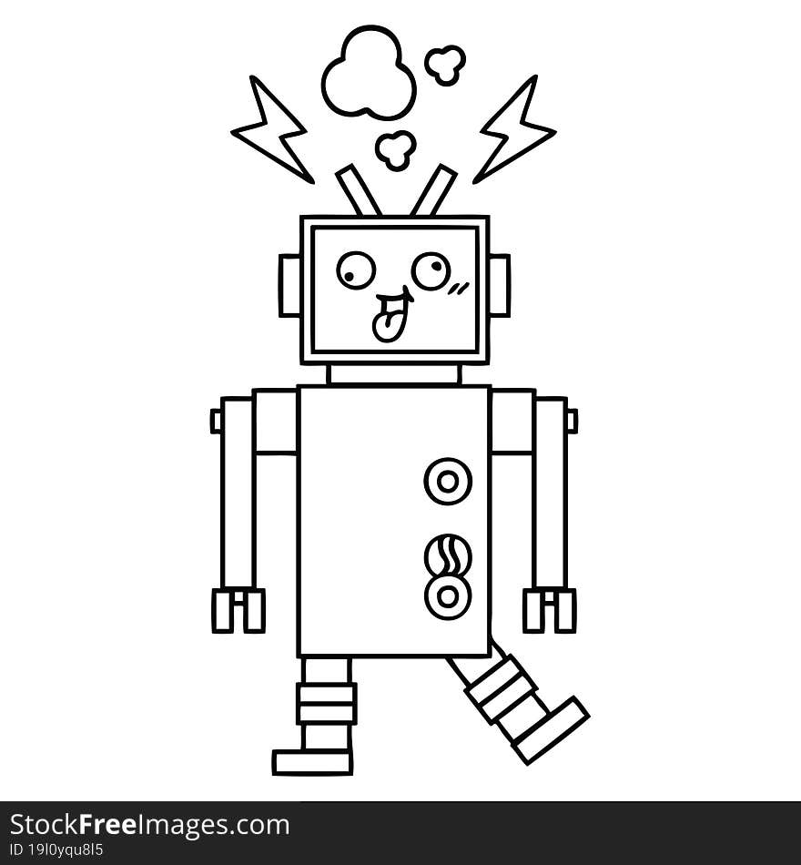 line drawing cartoon of a crazy broken robot