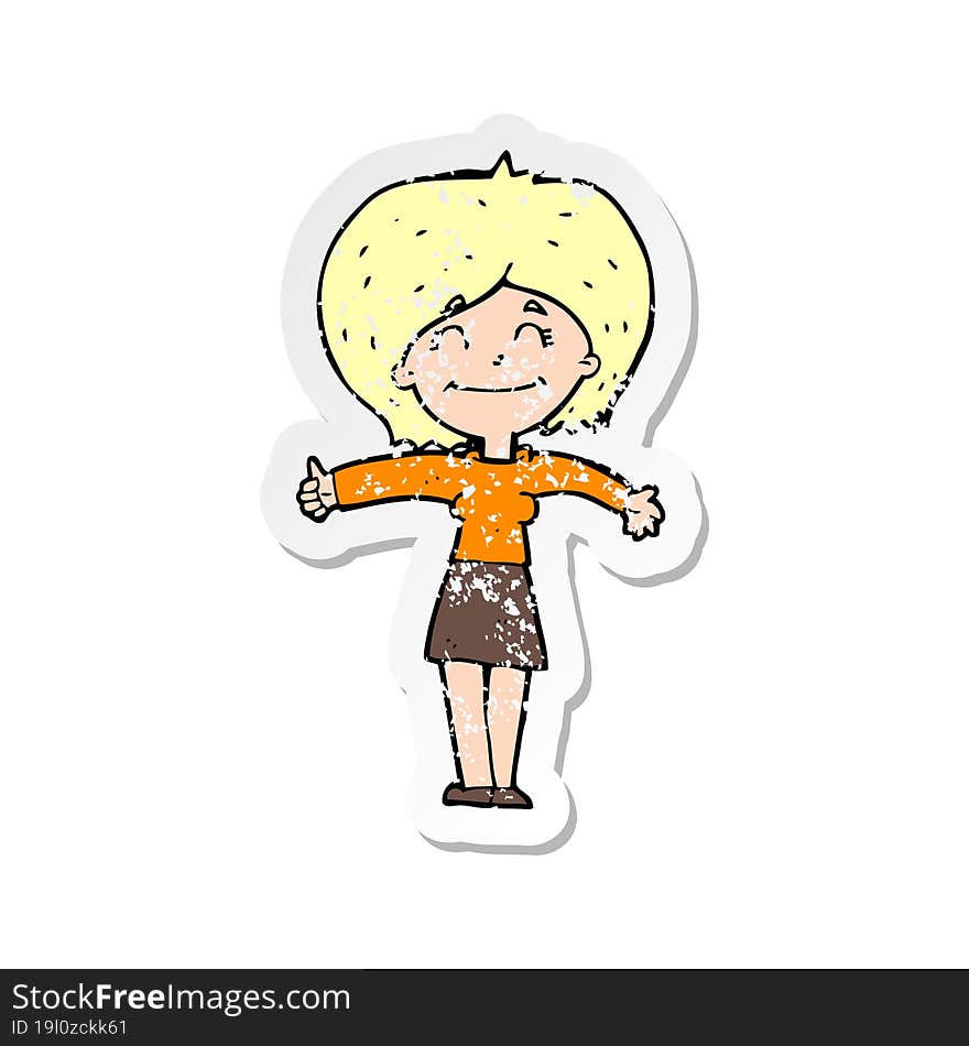 retro distressed sticker of a cartoon woman giving thumbs up sign