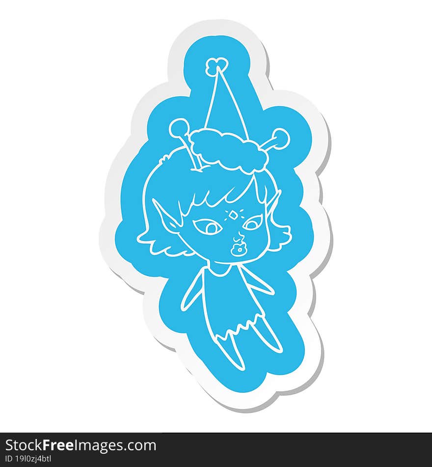 pretty cartoon  sticker of a alien girl wearing santa hat