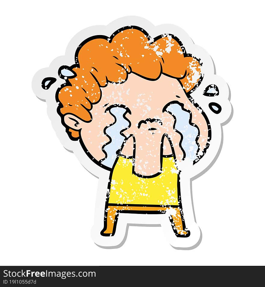 distressed sticker of a cartoon man crying