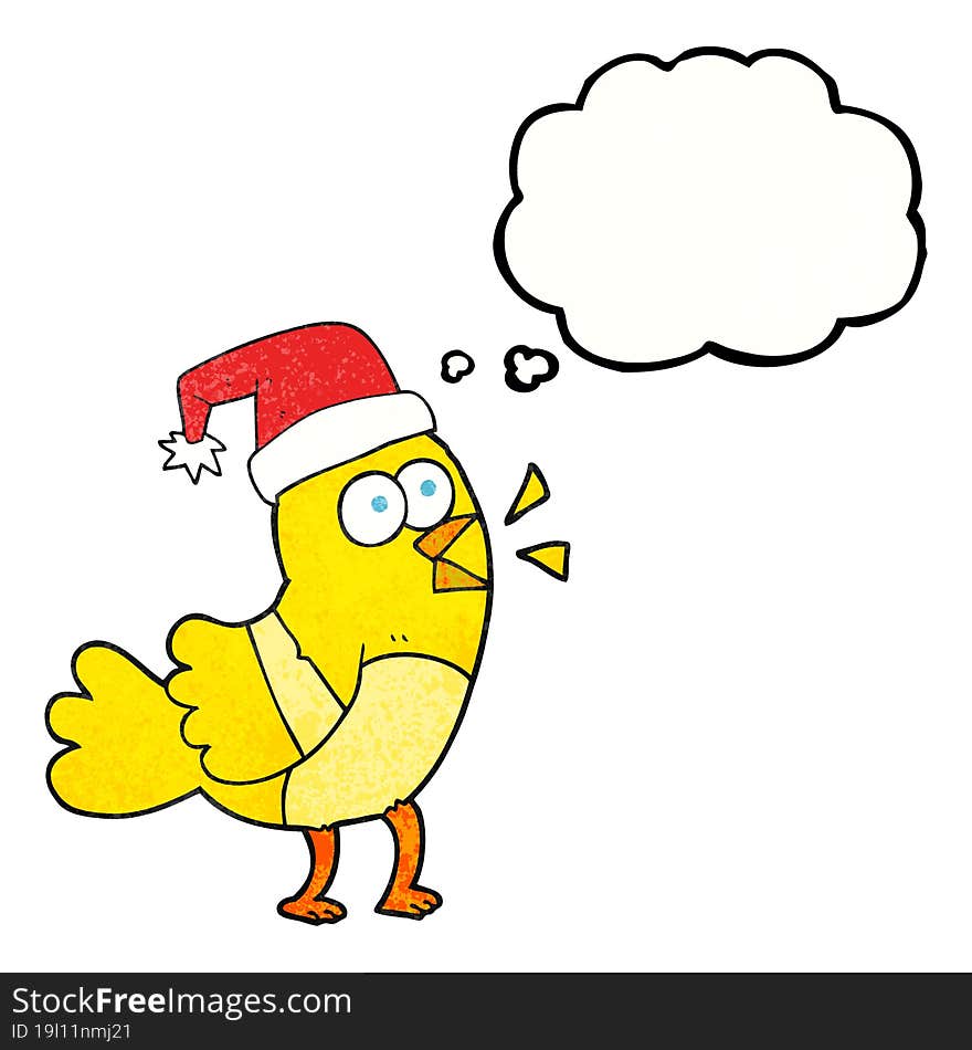 Thought Bubble Textured Cartoon Bird Wearing Christmas Hat