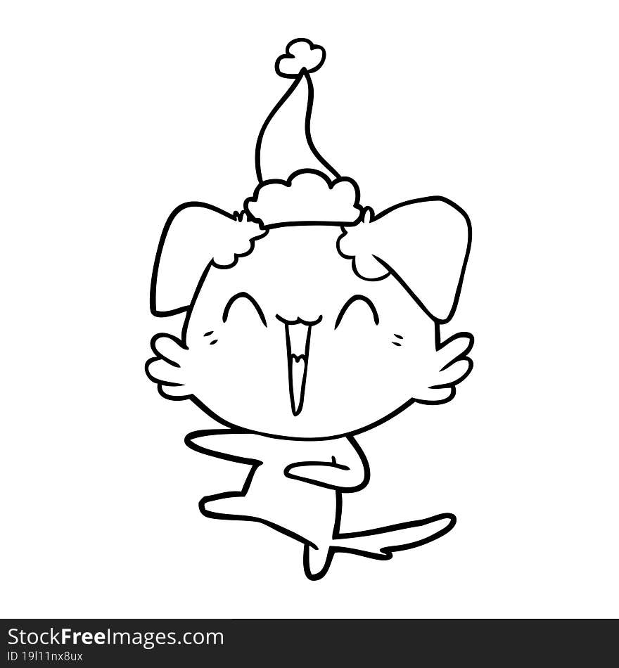 happy dancing dog line drawing of a wearing santa hat