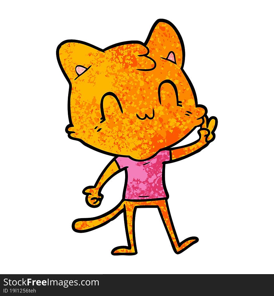 cartoon happy cat giving peace sign. cartoon happy cat giving peace sign