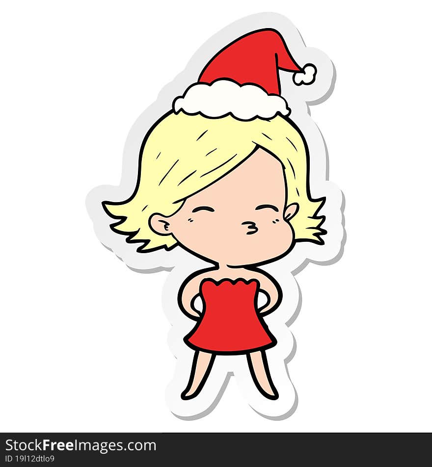 hand drawn sticker cartoon of a woman wearing santa hat