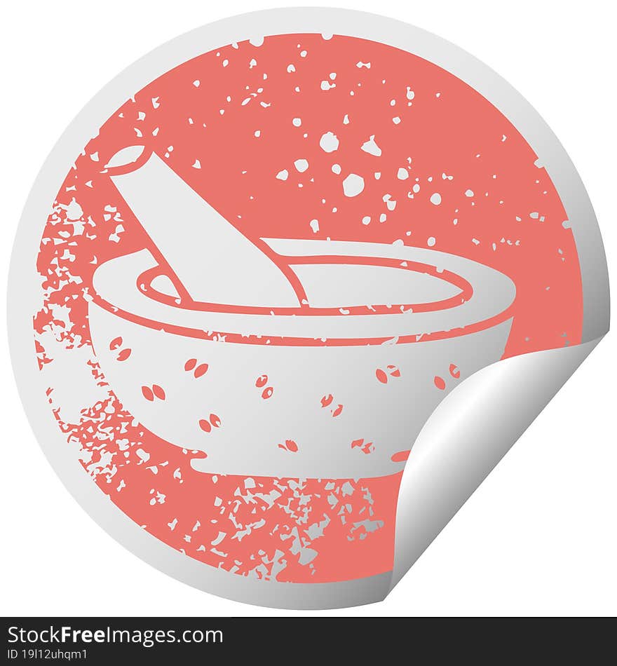 Quirky Distressed Circular Peeling Sticker Symbol Pestle And Mortar