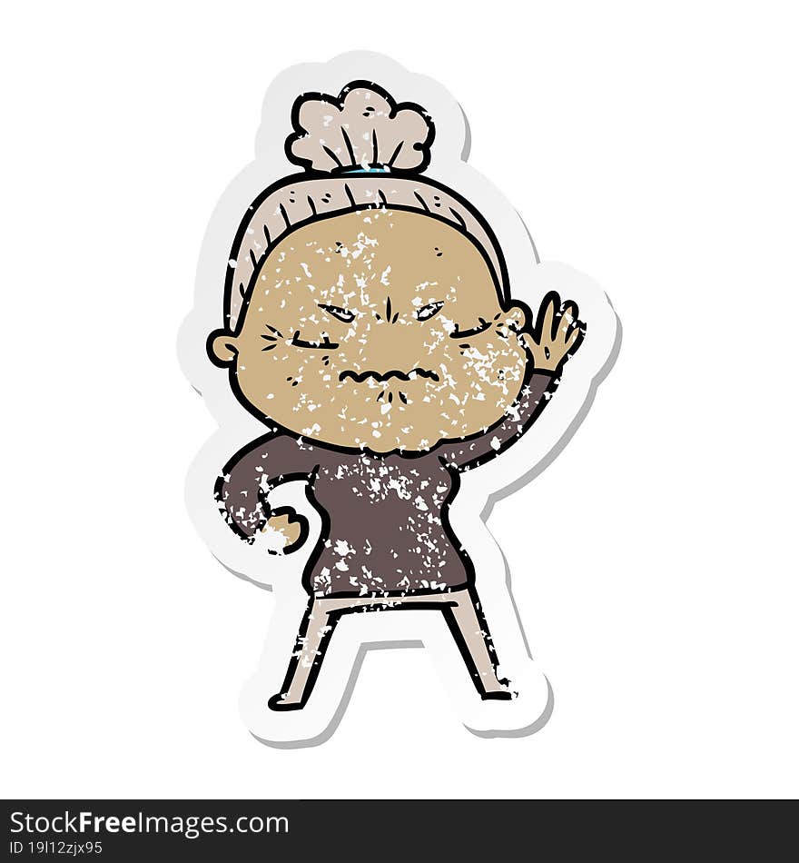 Distressed Sticker Of A Cartoon Annoyed Old Lady