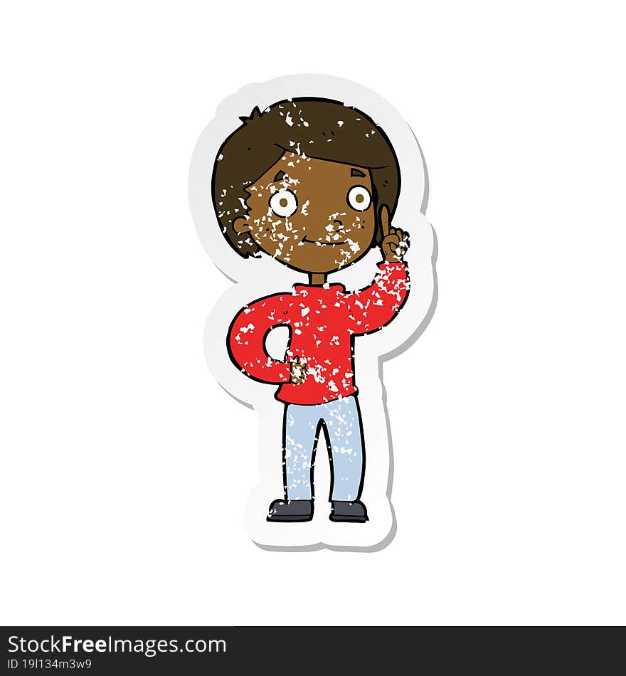 Retro Distressed Sticker Of A Cartoon Boy With Idea