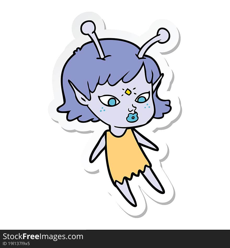 Sticker Of A Pretty Cartoon Alien Girl