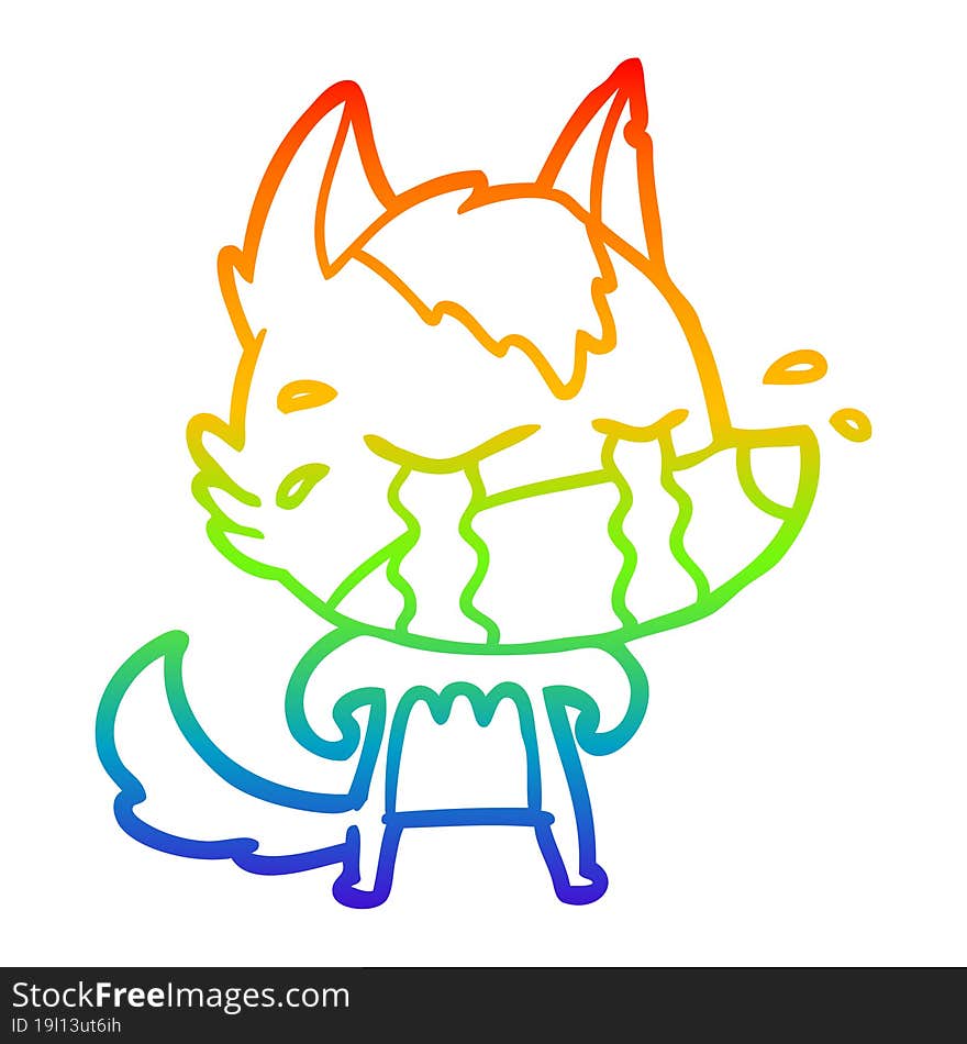 rainbow gradient line drawing of a cartoon crying wolf