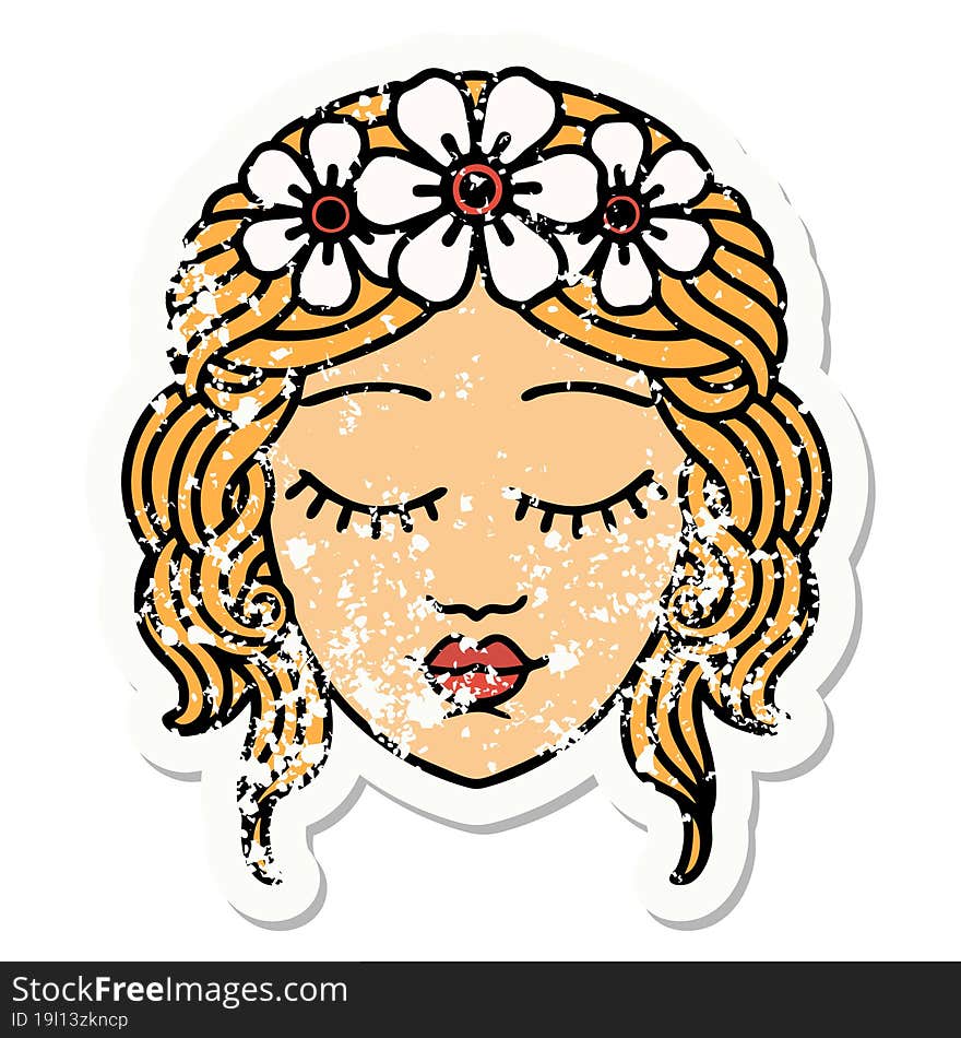 traditional distressed sticker tattoo of a maidens face