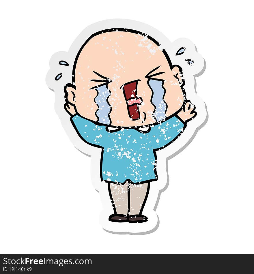 Distressed Sticker Of A Cartoon Crying Bald Man