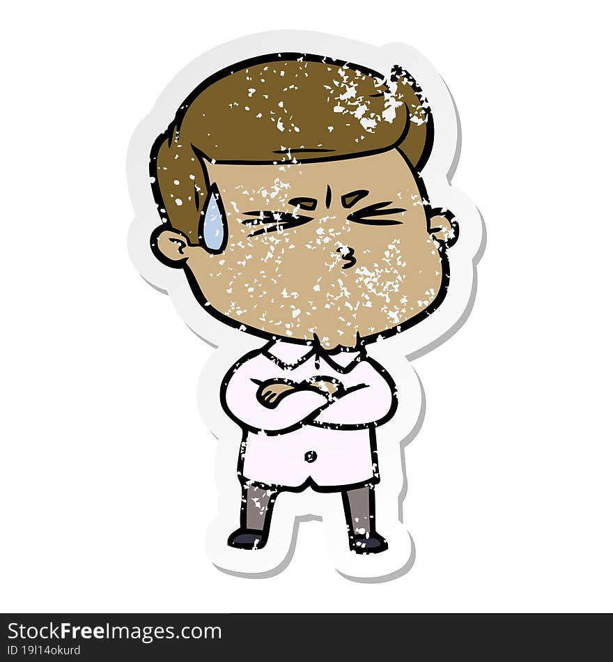 distressed sticker of a cartoon man sweating