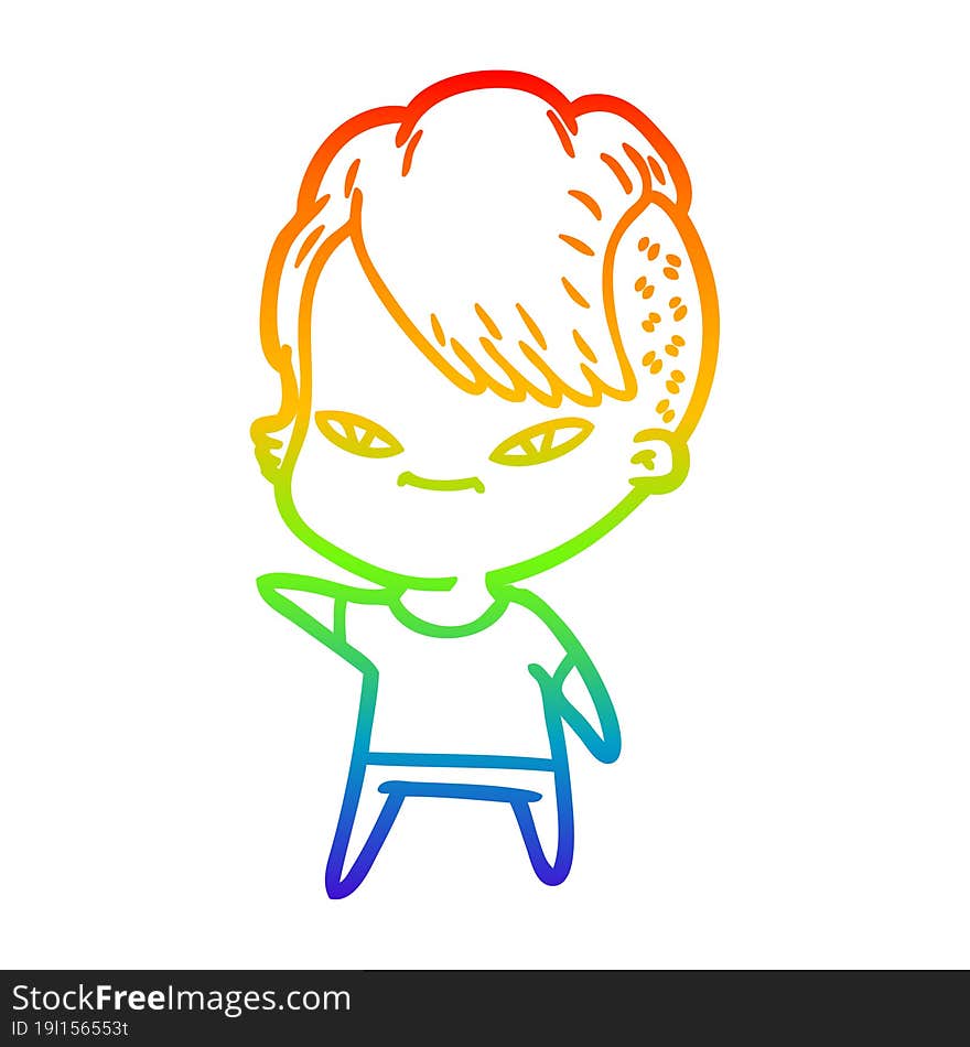 Rainbow Gradient Line Drawing Cute Cartoon Girl With Hipster Haircut