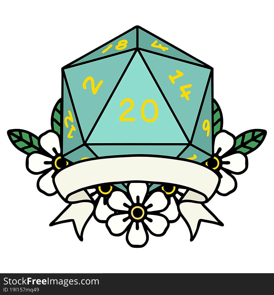 Retro Tattoo Style natural 20 critical hit D20 dice roll. Retro Tattoo Style natural 20 critical hit D20 dice roll