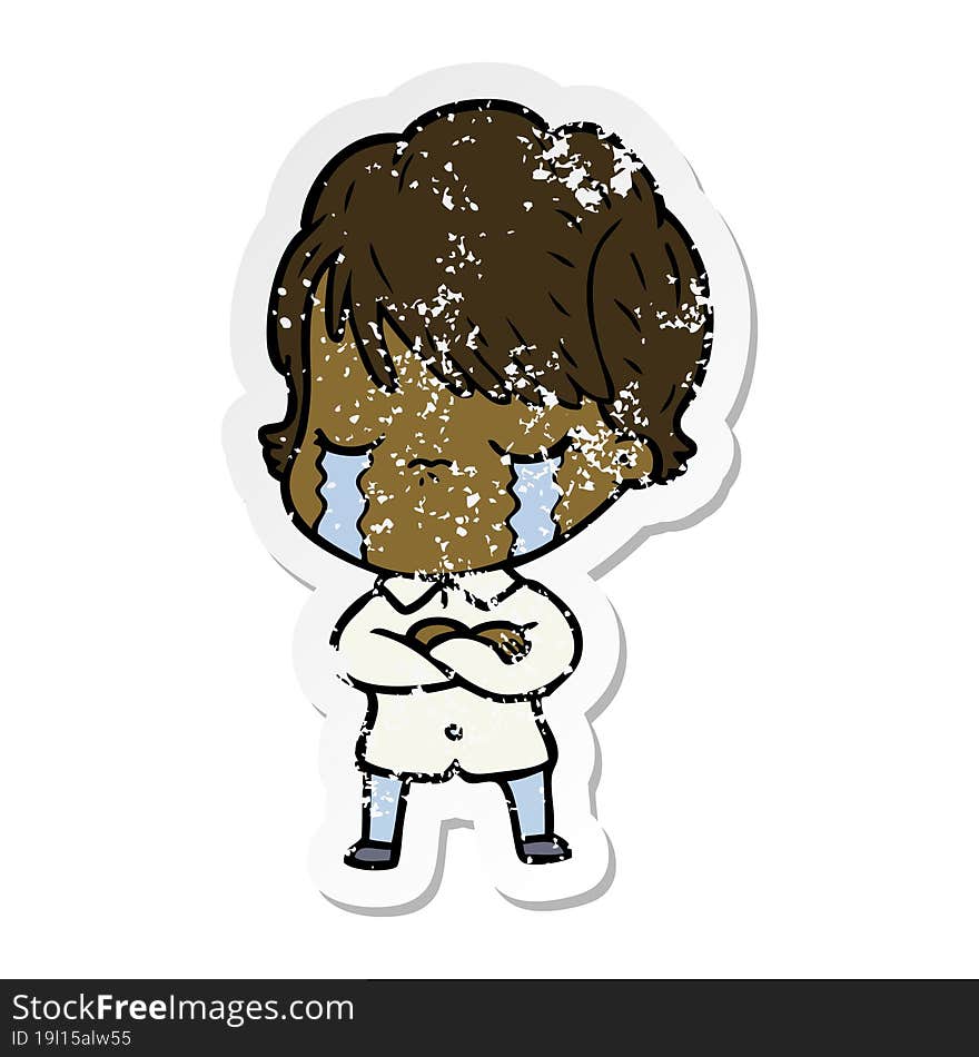 distressed sticker of a cartoon woman crying