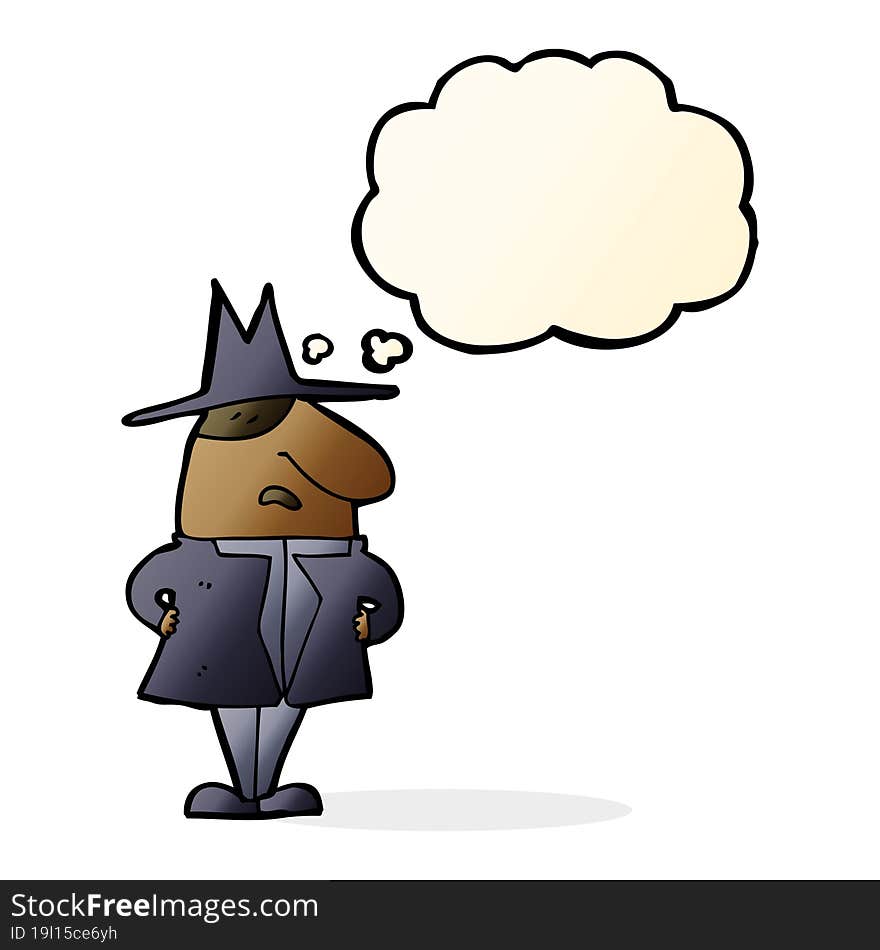 cartoon man in coat and hat with thought bubble