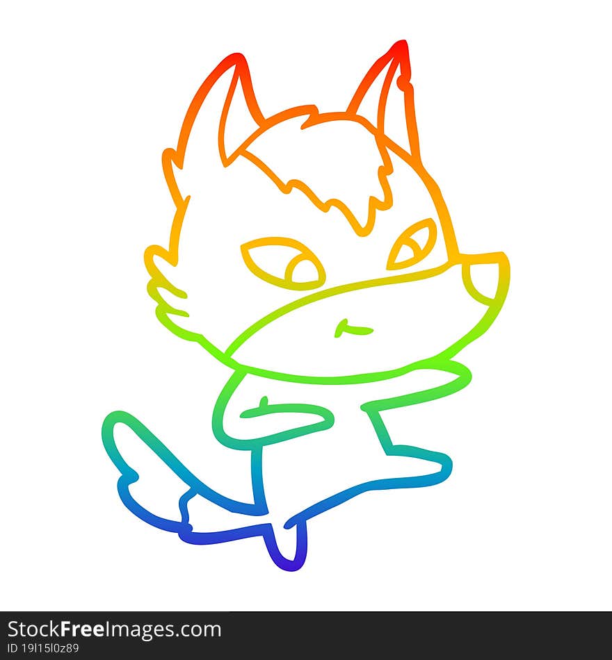 rainbow gradient line drawing of a friendly cartoon wolf dancing