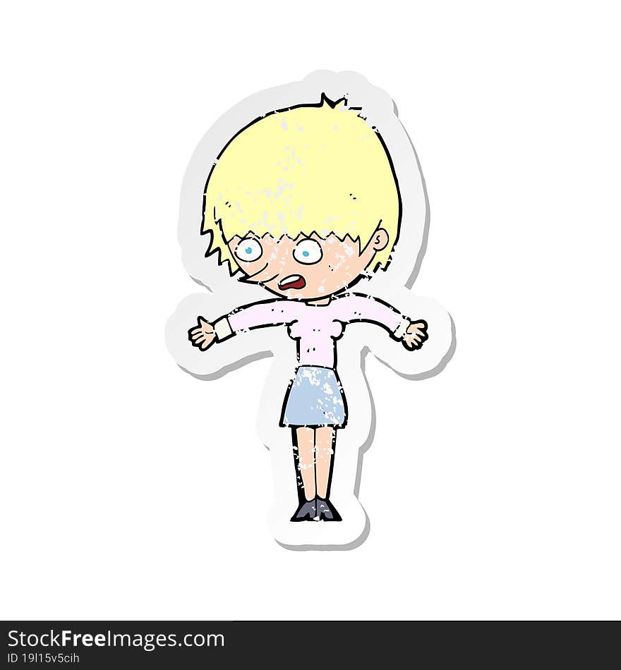 retro distressed sticker of a cartoon woman panicking