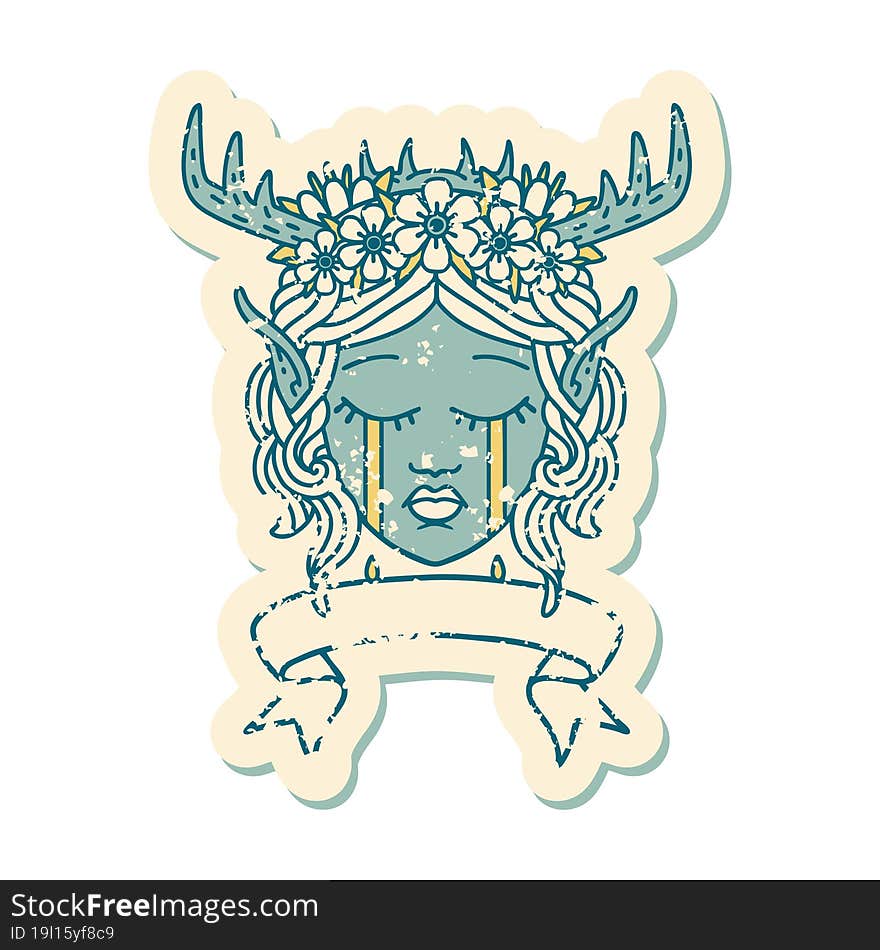 Retro Tattoo Style elf druid character face with banner. Retro Tattoo Style elf druid character face with banner