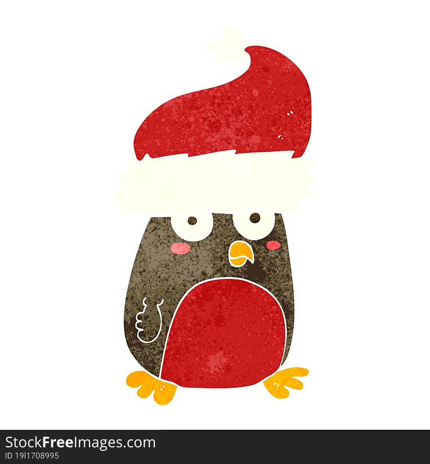 freehand retro cartoon christmas robin wearing christmas hat. freehand retro cartoon christmas robin wearing christmas hat