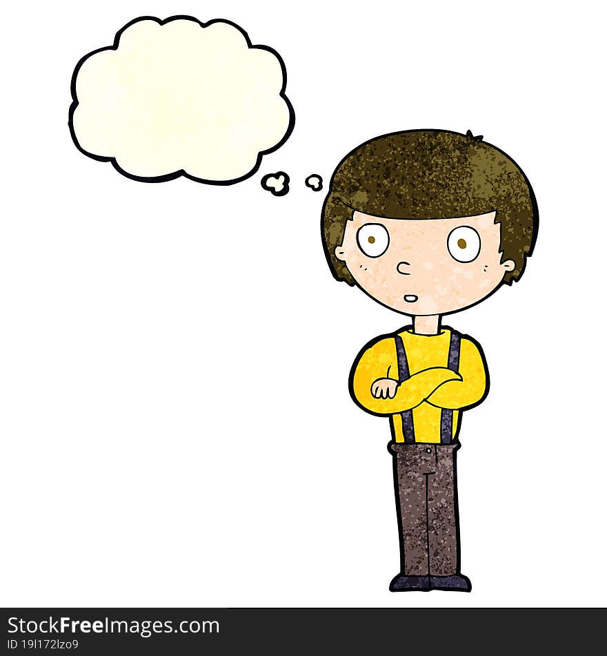 cartoon staring boy with folded arms with thought bubble