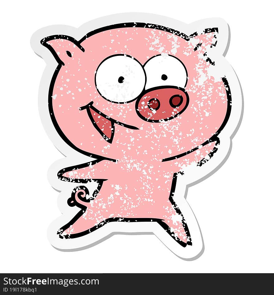 distressed sticker of a cheerful pig cartoon