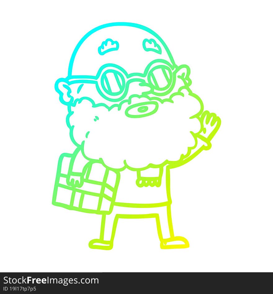 cold gradient line drawing of a cartoon curious man with beard sunglasses and present