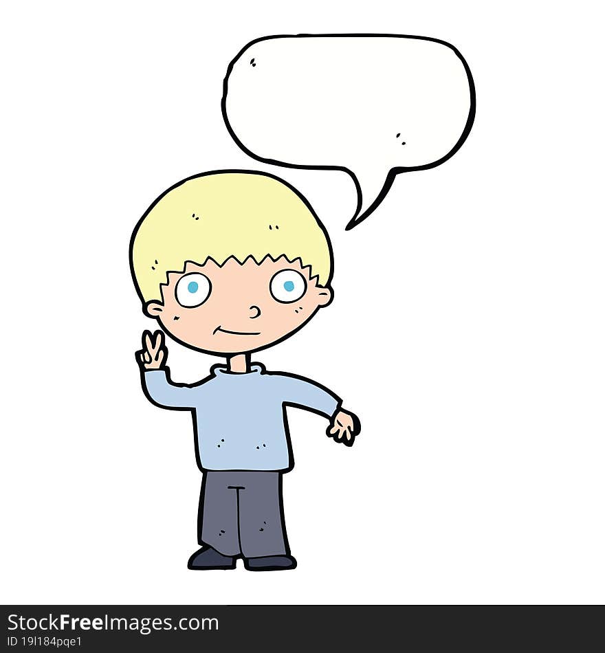 cartoon boy giving peace sign with speech bubble