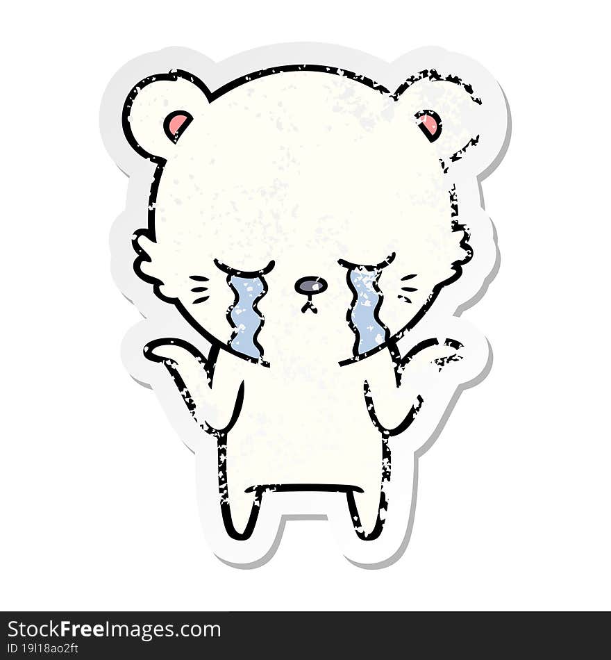 distressed sticker of a crying cartoon polar bear shrugging shoulders