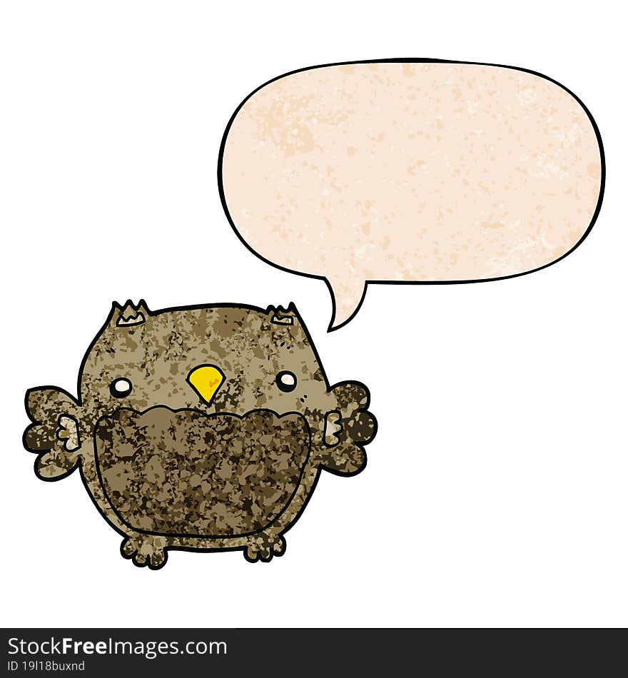 cartoon owl and speech bubble in retro texture style