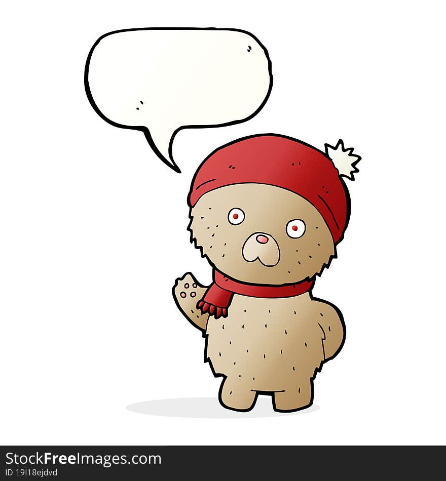 cartoon teddy bear in winter hat and scarf with speech bubble