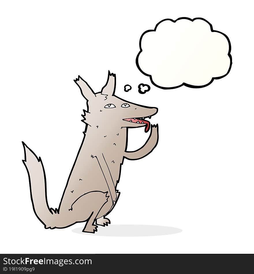 cartoon wolf licking paw with thought bubble