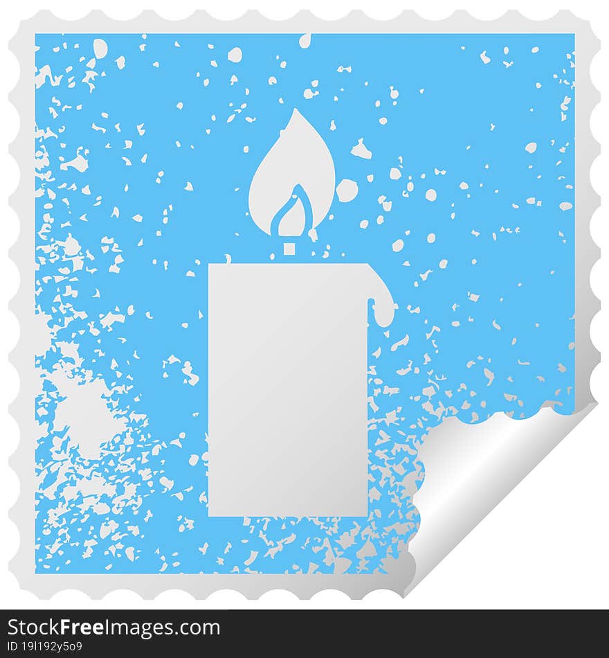 distressed square peeling sticker symbol of a lit candle