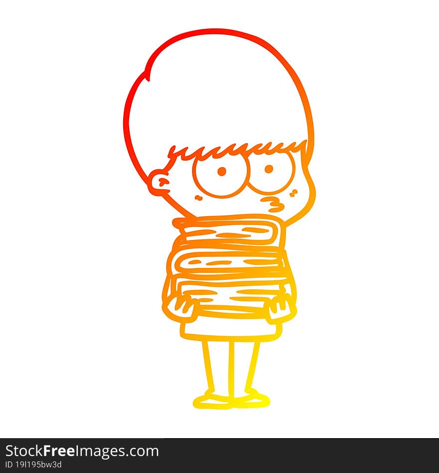 warm gradient line drawing nervous cartoon boy carrying books