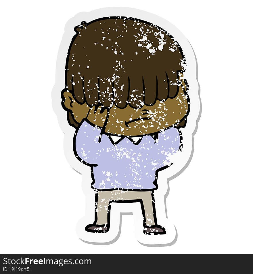 distressed sticker of a cartoon boy with untidy hair