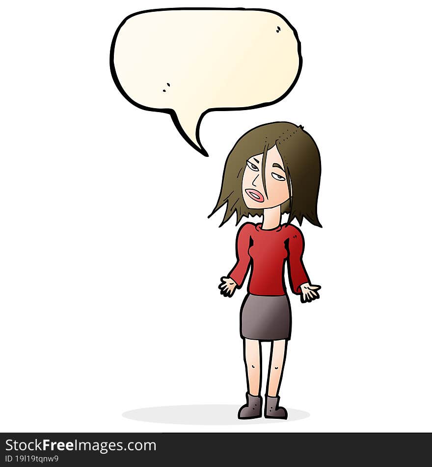 cartoon woman shrugging shoulders with speech bubble