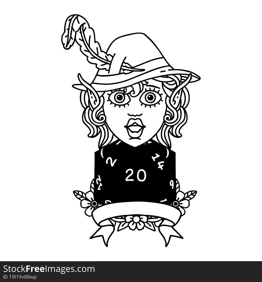 Black and White Tattoo linework Style elf bard with natural twenty dice roll. Black and White Tattoo linework Style elf bard with natural twenty dice roll